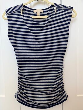 Michael Kors Navy and Gray Striped Sleeveless Tank with Shoulder Zippers